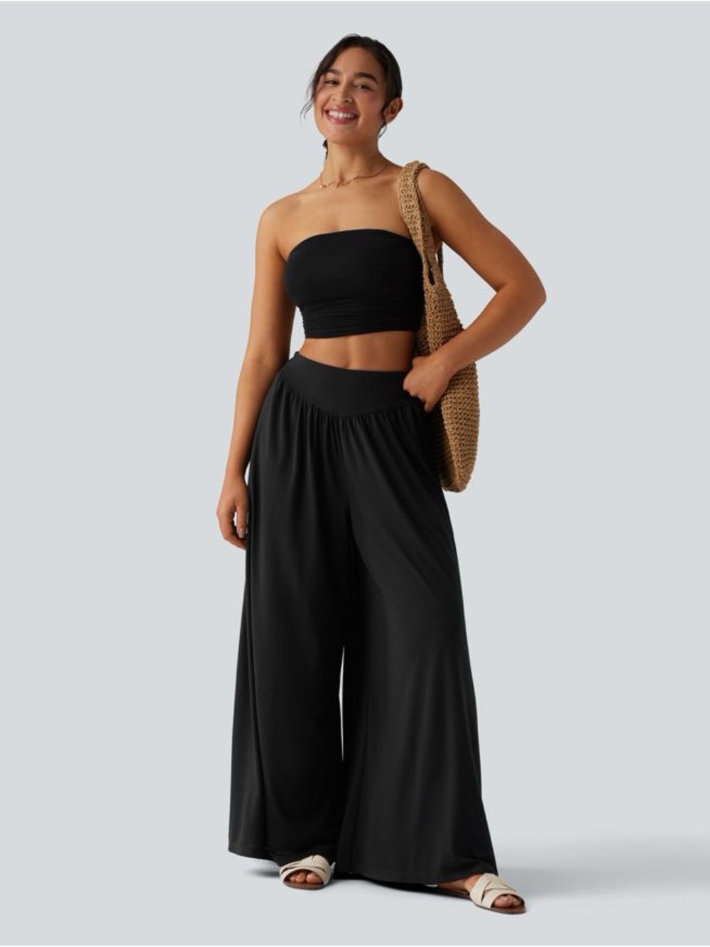 NWT High Waisted Shirred Flowy Baggy Pants with Pockets Black Sz Small